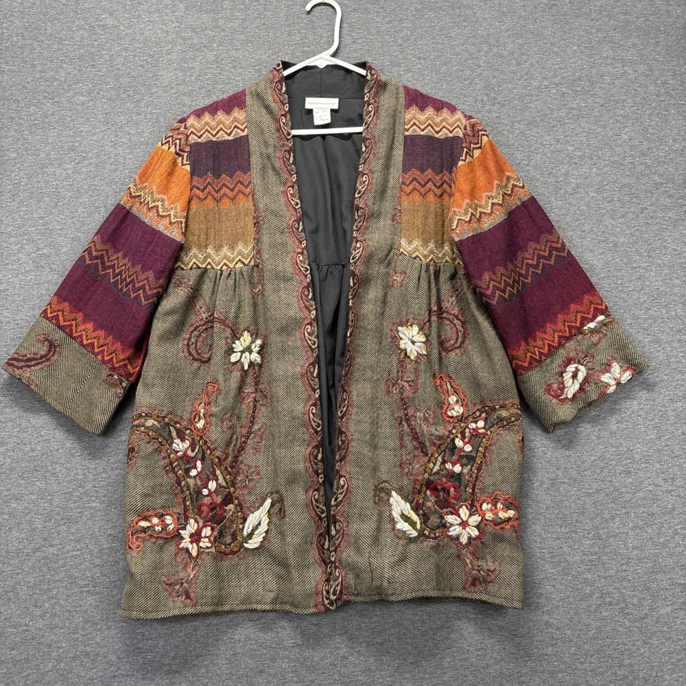 Soft Surroundings Izmir Wool Floral Cardigan Womens M Open Front Embroidered
